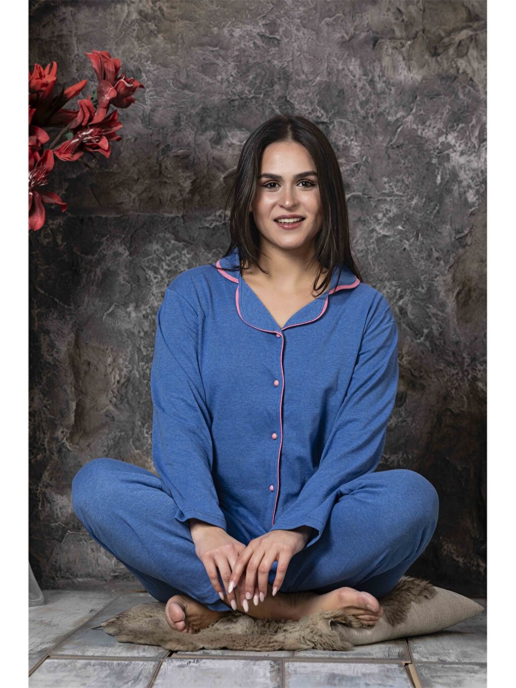 İndigo Gömlek Yaka Uzun Kollu Kadın Pijama Takım