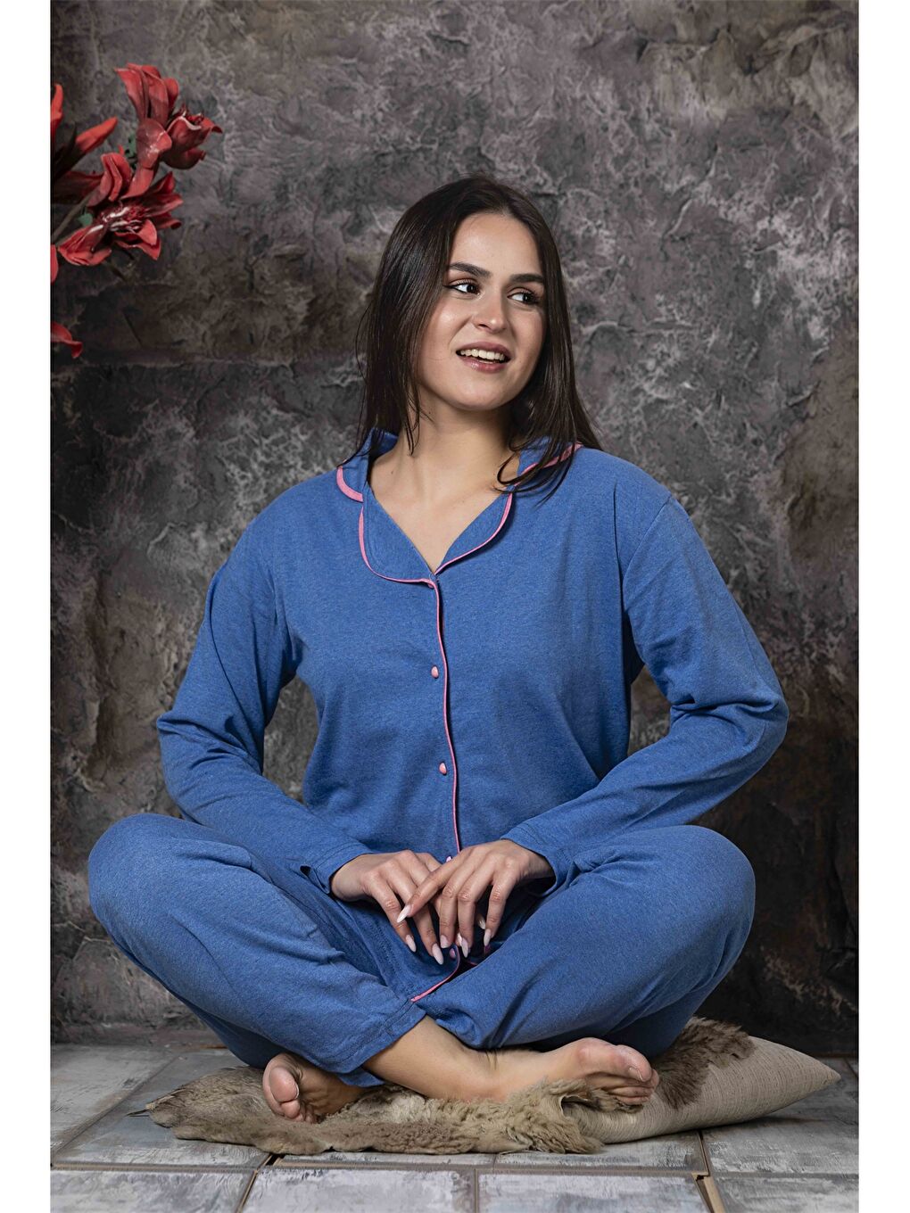 İndigo Gömlek Yaka Uzun Kollu Kadın Pijama Takım-1