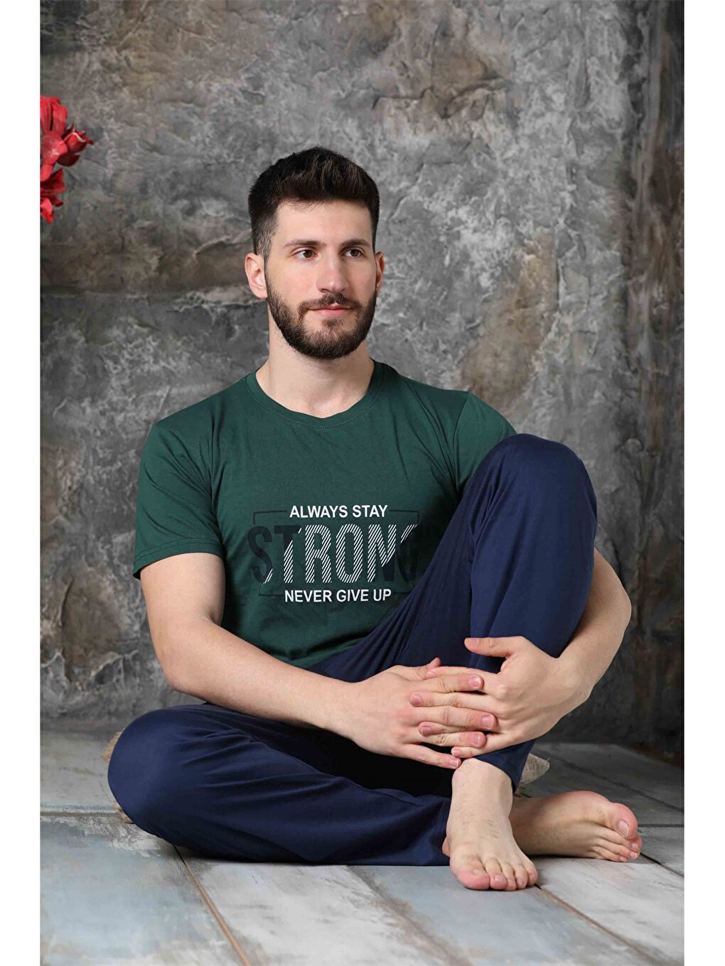 Haki Bisiklet Yaka Baskılı Erkek Pijama Takımı