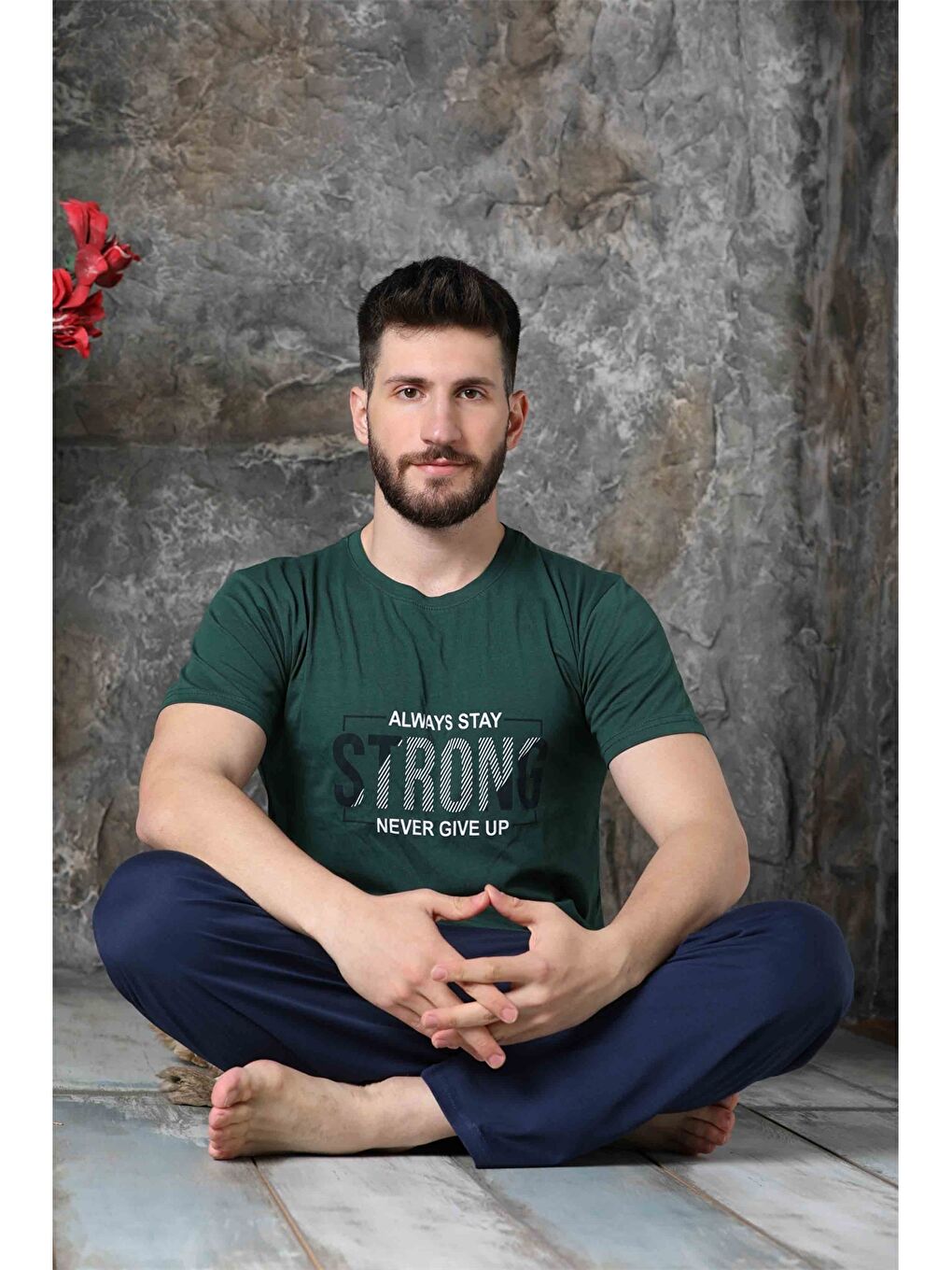 Haki Bisiklet Yaka Baskılı Erkek Pijama Takımı-1