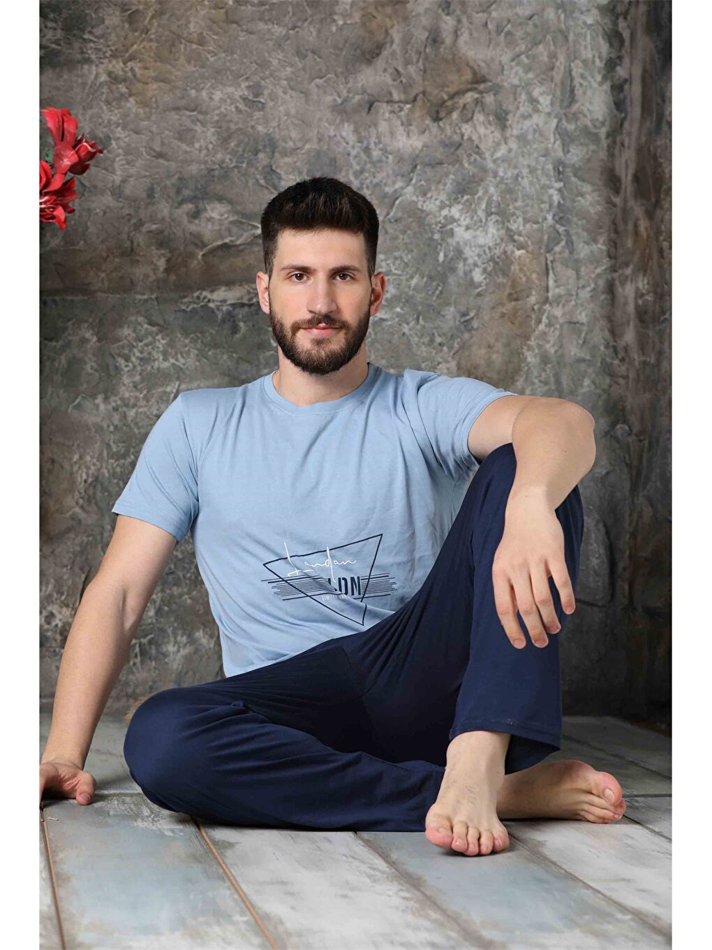 Mavi Standart Kalıp Baskılı Erkek Pijama Takımı