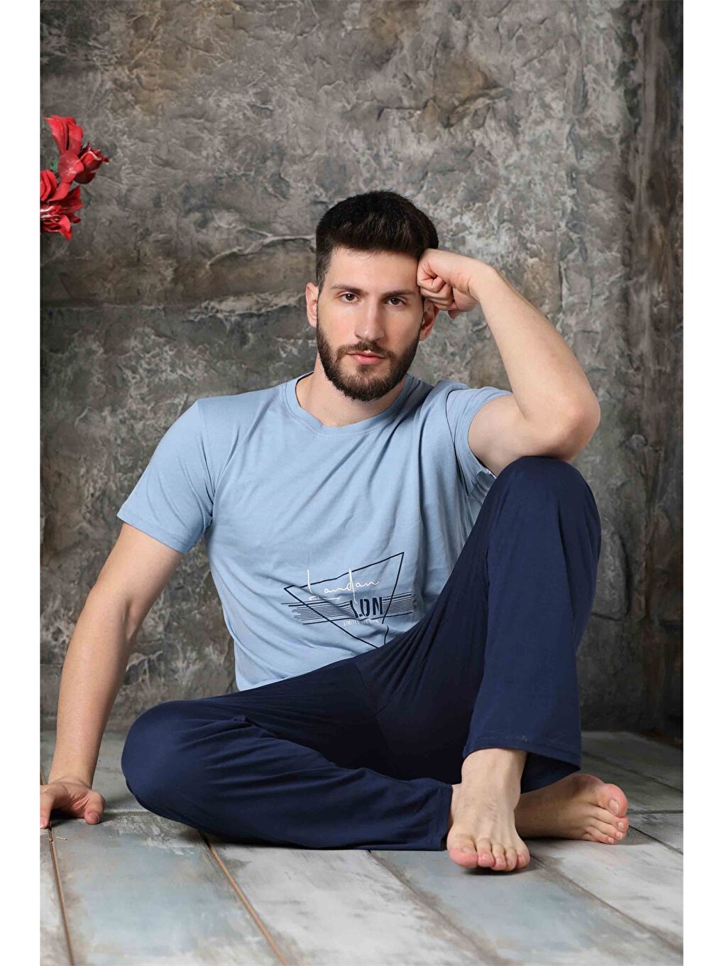 Mavi Standart Kalıp Baskılı Erkek Pijama Takımı-1