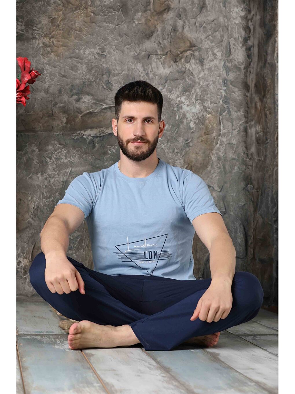 Mavi Standart Kalıp Baskılı Erkek Pijama Takımı-2