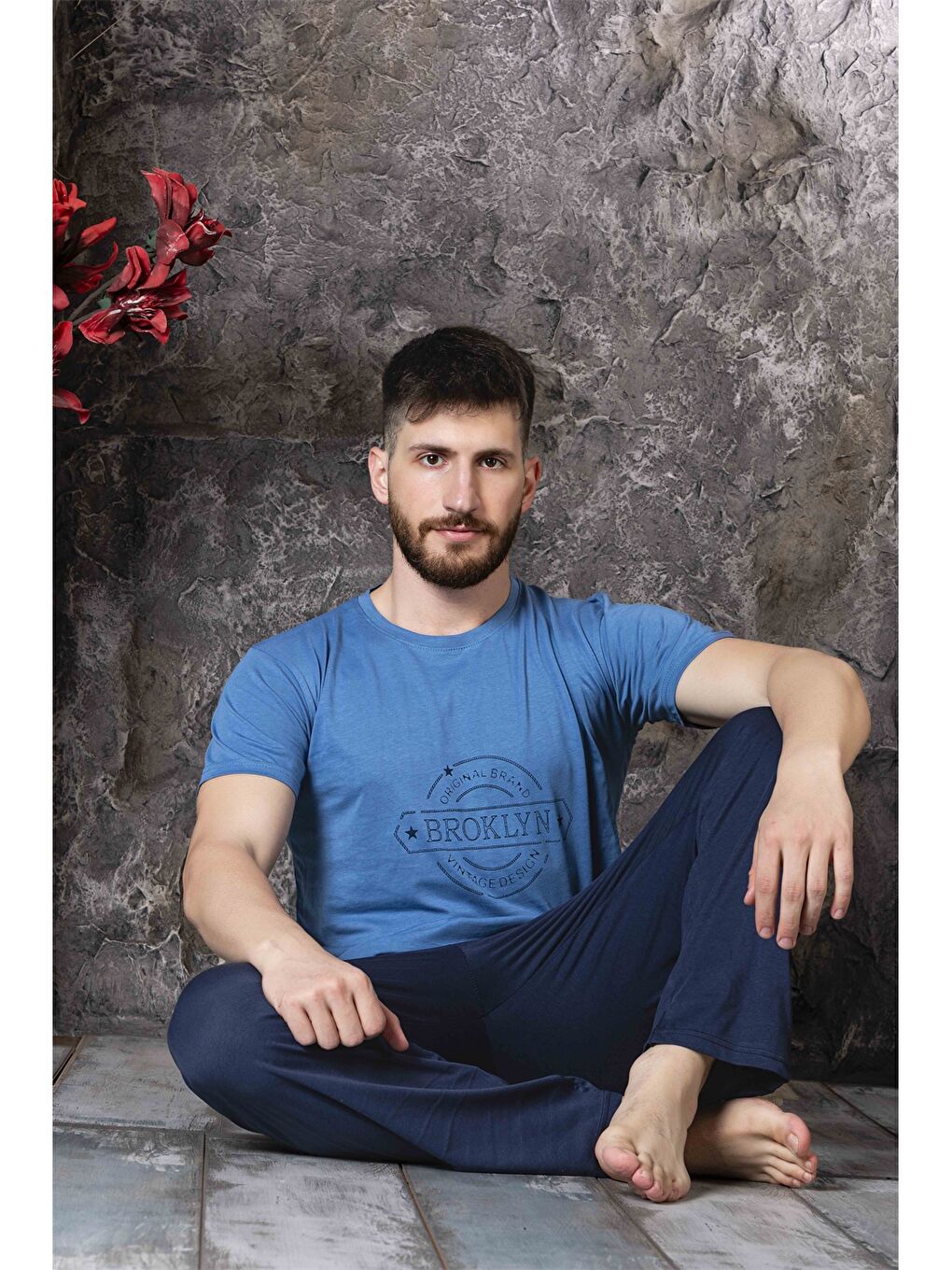 Mavi Bisiklet Yaka Erkek Pijama Takımı