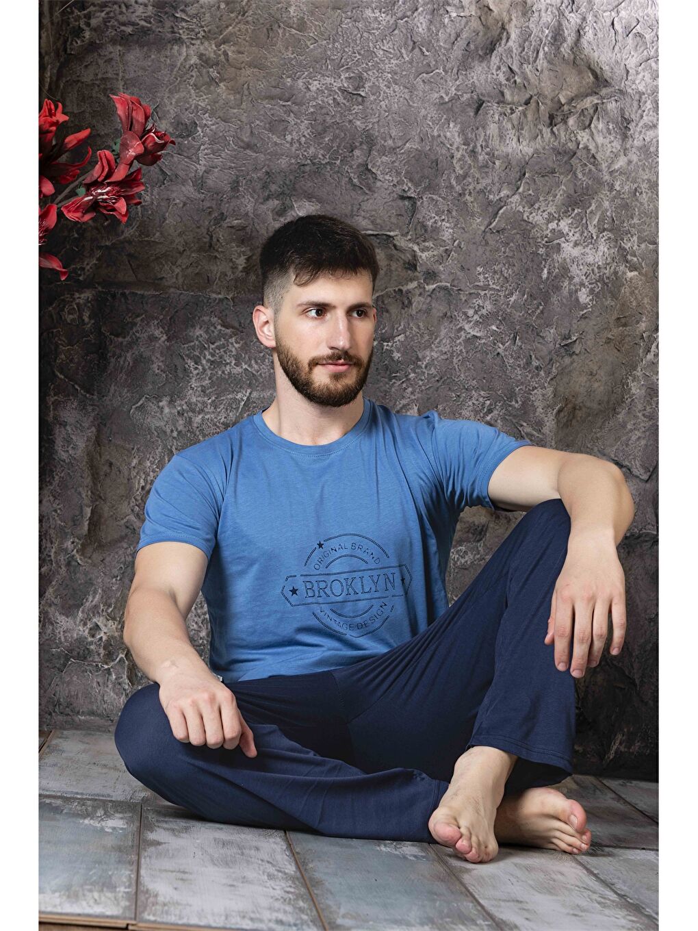 Mavi Bisiklet Yaka Erkek Pijama Takımı-1