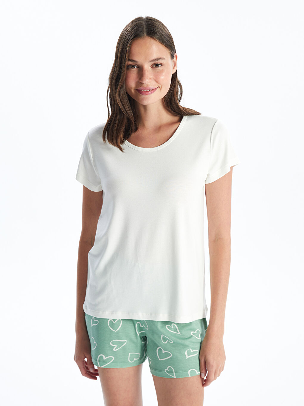 Ekru Bisiklet Yaka Örme Kadın Şortlu Pijama Takım