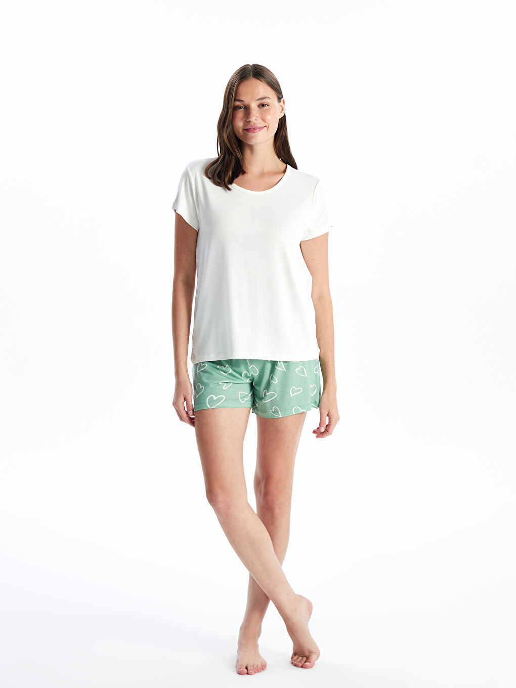 Ekru Bisiklet Yaka Örme Kadın Şortlu Pijama Takım-1