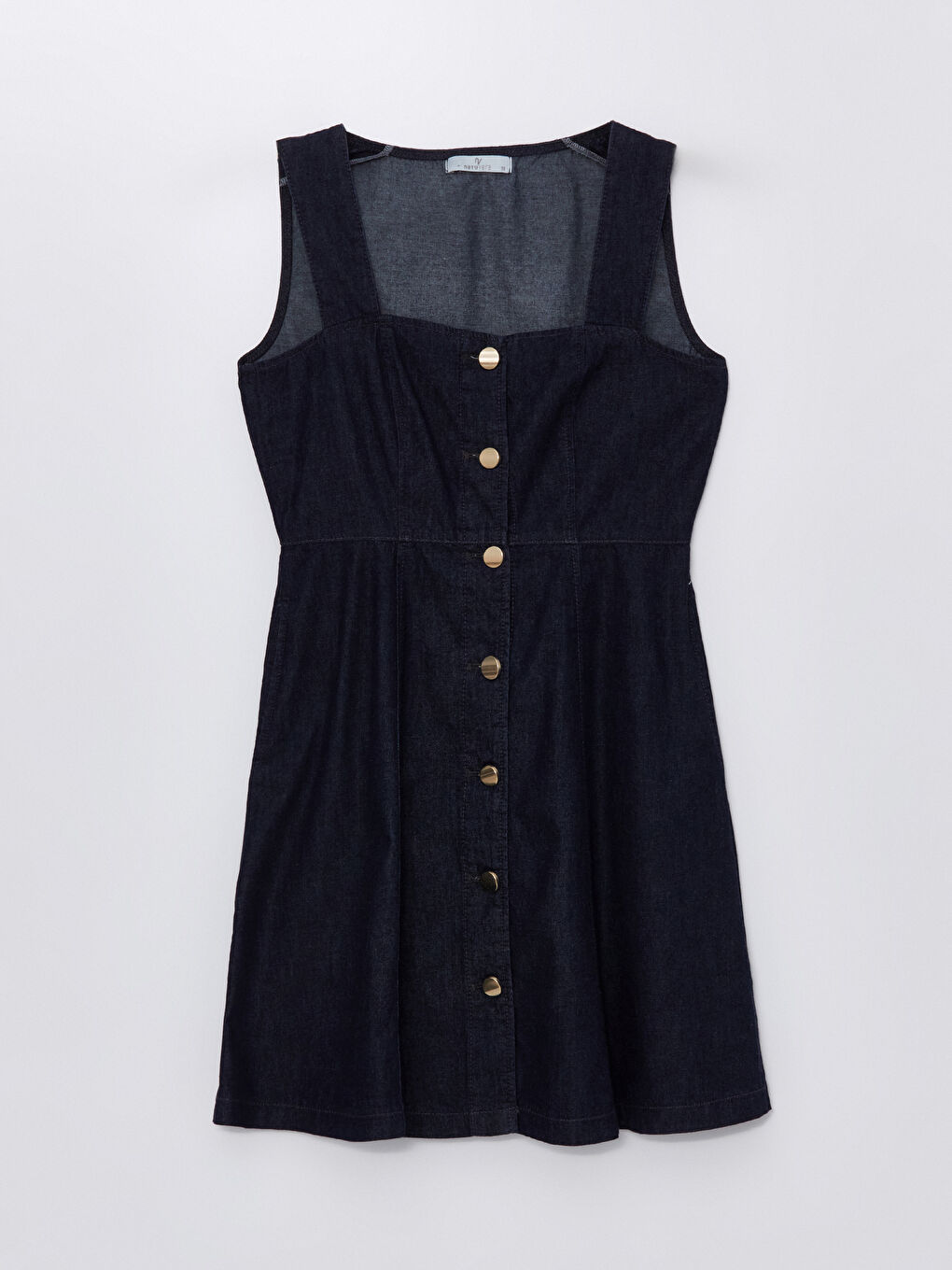 Lacivert Kalp Yaka Düz Askılı Kadın Jean Elbise-4