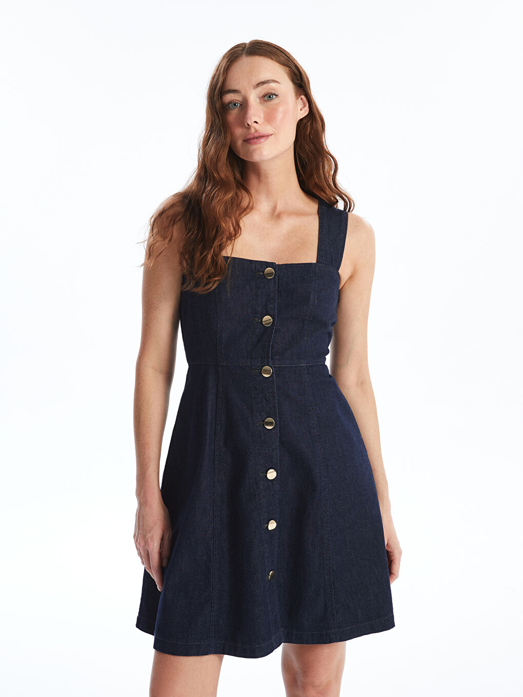 Lacivert Kalp Yaka Düz Askılı Kadın Jean Elbise-1