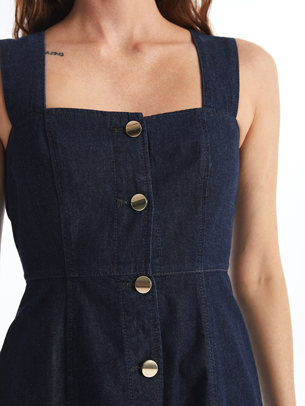 Lacivert Kalp Yaka Düz Askılı Kadın Jean Elbise-2