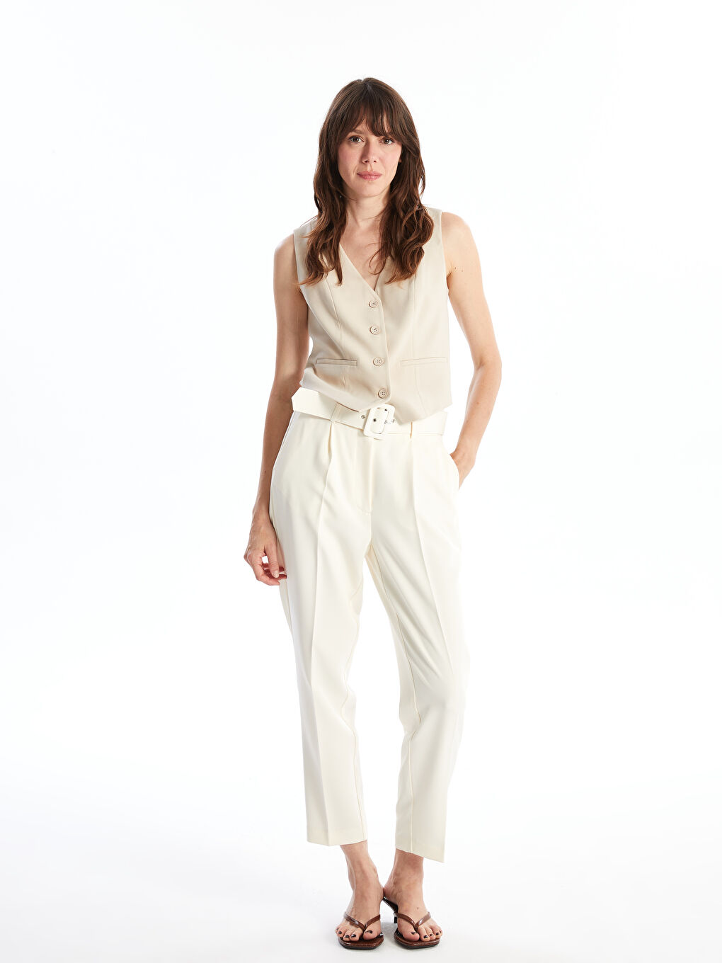 Ekru Kadın V Yaka Düz Klasik Yelek-1