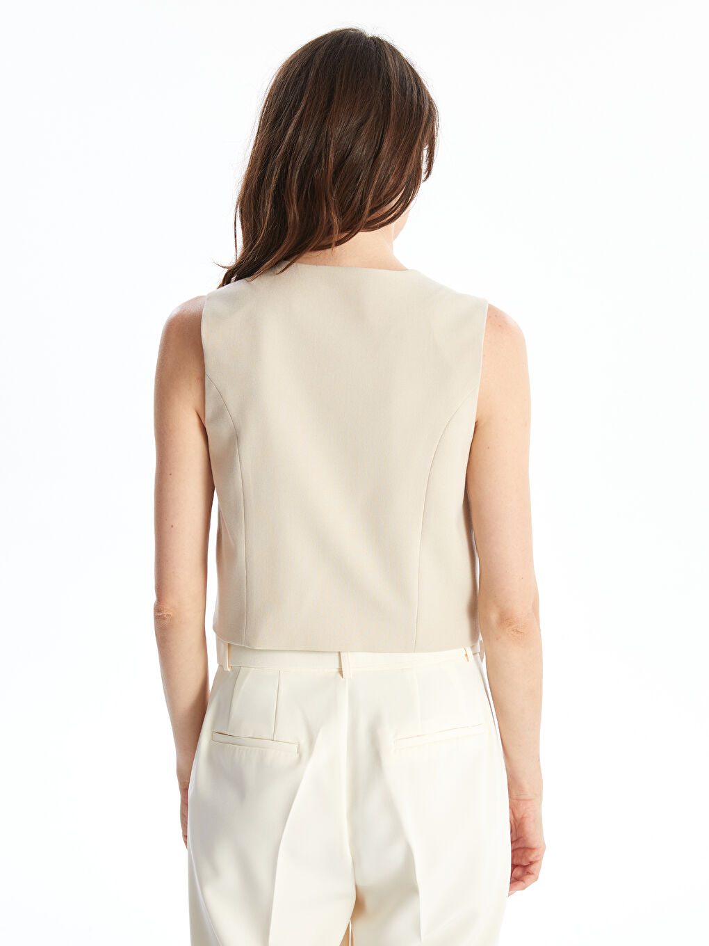 Ekru Kadın V Yaka Düz Klasik Yelek-3