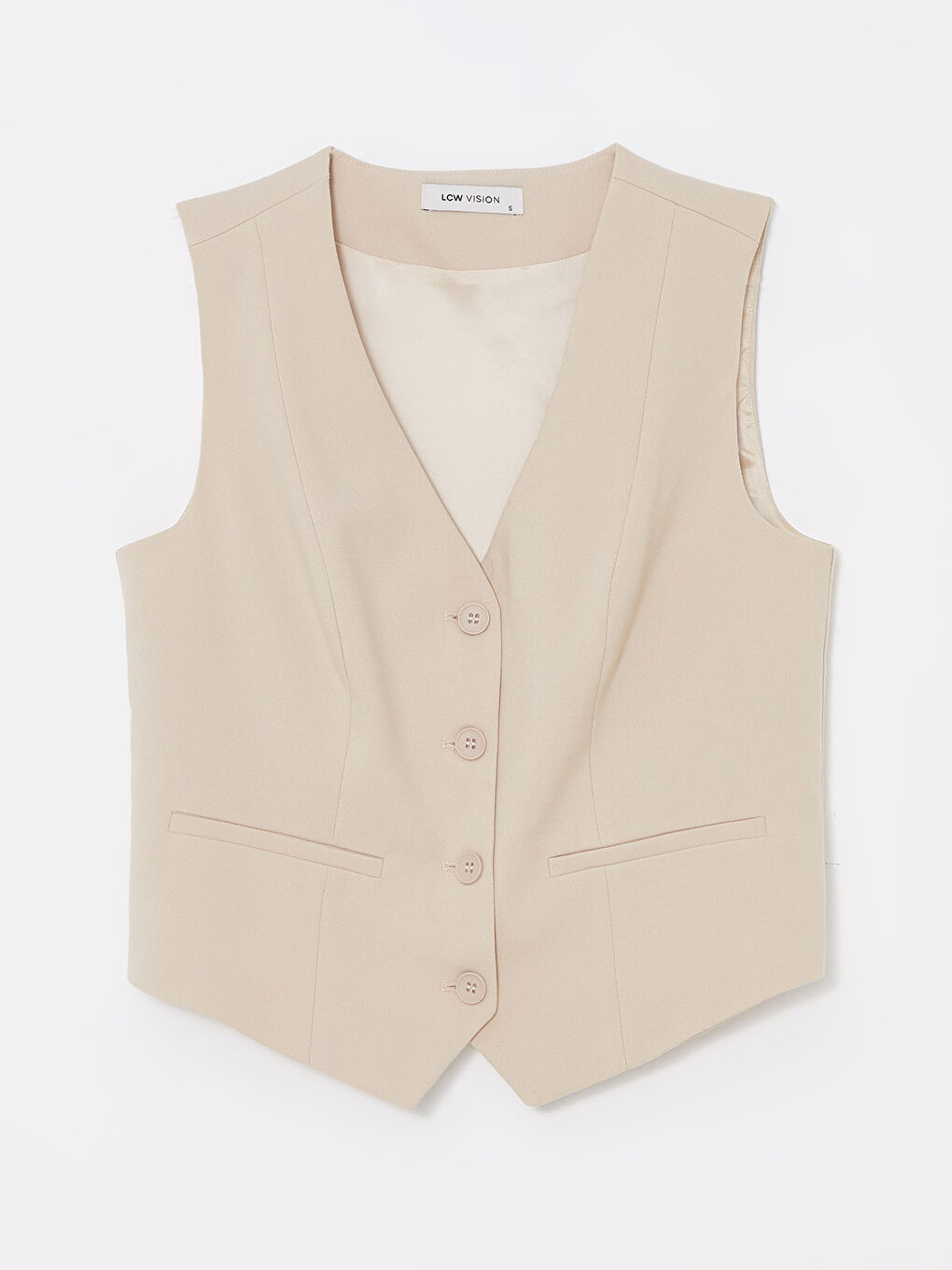 Ekru Kadın V Yaka Düz Klasik Yelek-4