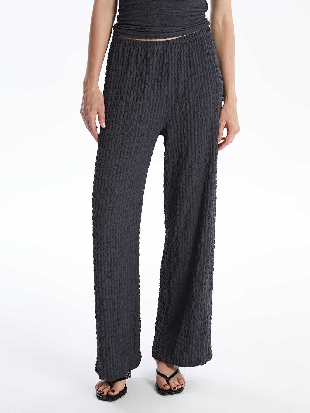 Antrasit Beli Lastikli Rahat Kalıp Kadın Pantolon-1