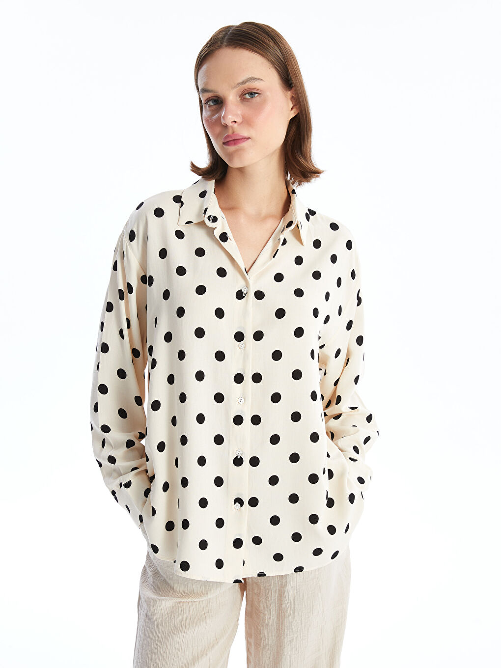 Polka Dot Long Sleeve Oversize Linen Blend Women's Shirt