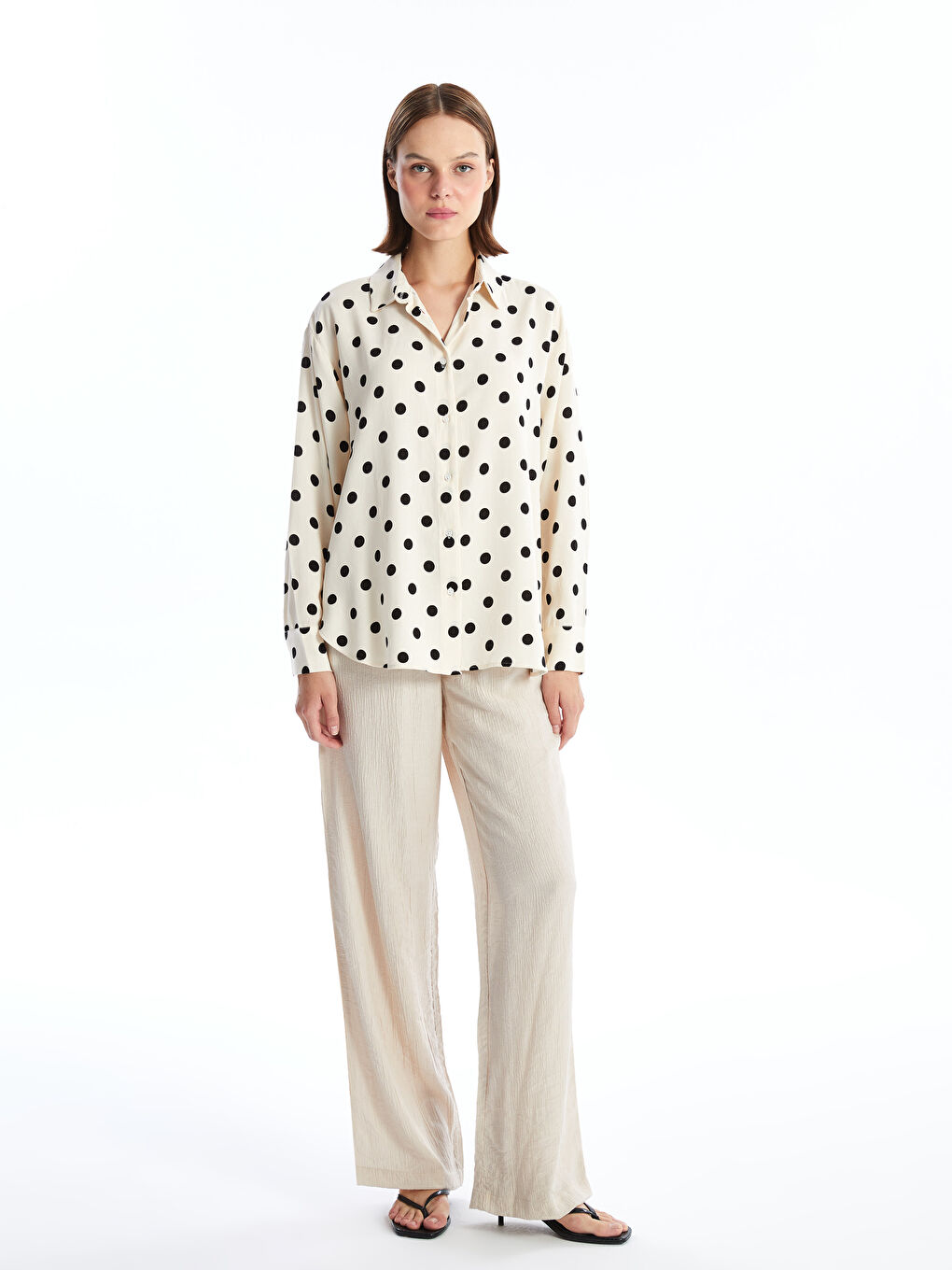 Polka Dot Long Sleeve Oversize Linen Blend Women's Shirt-1