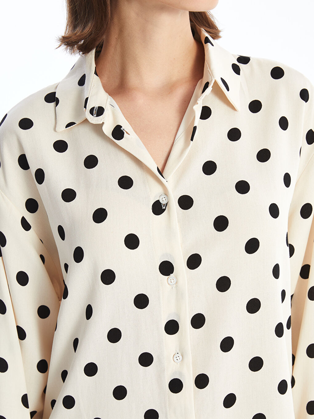 Polka Dot Long Sleeve Oversize Linen Blend Women's Shirt-2