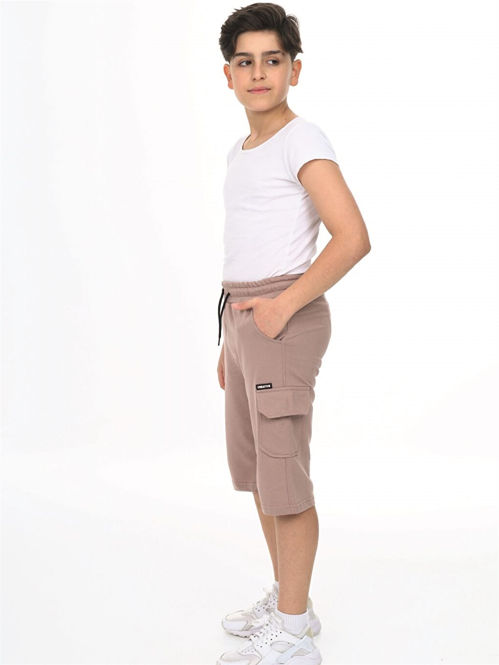 Bej Beli Lastikli Baskılı Erkek Çocuk Kapri-1