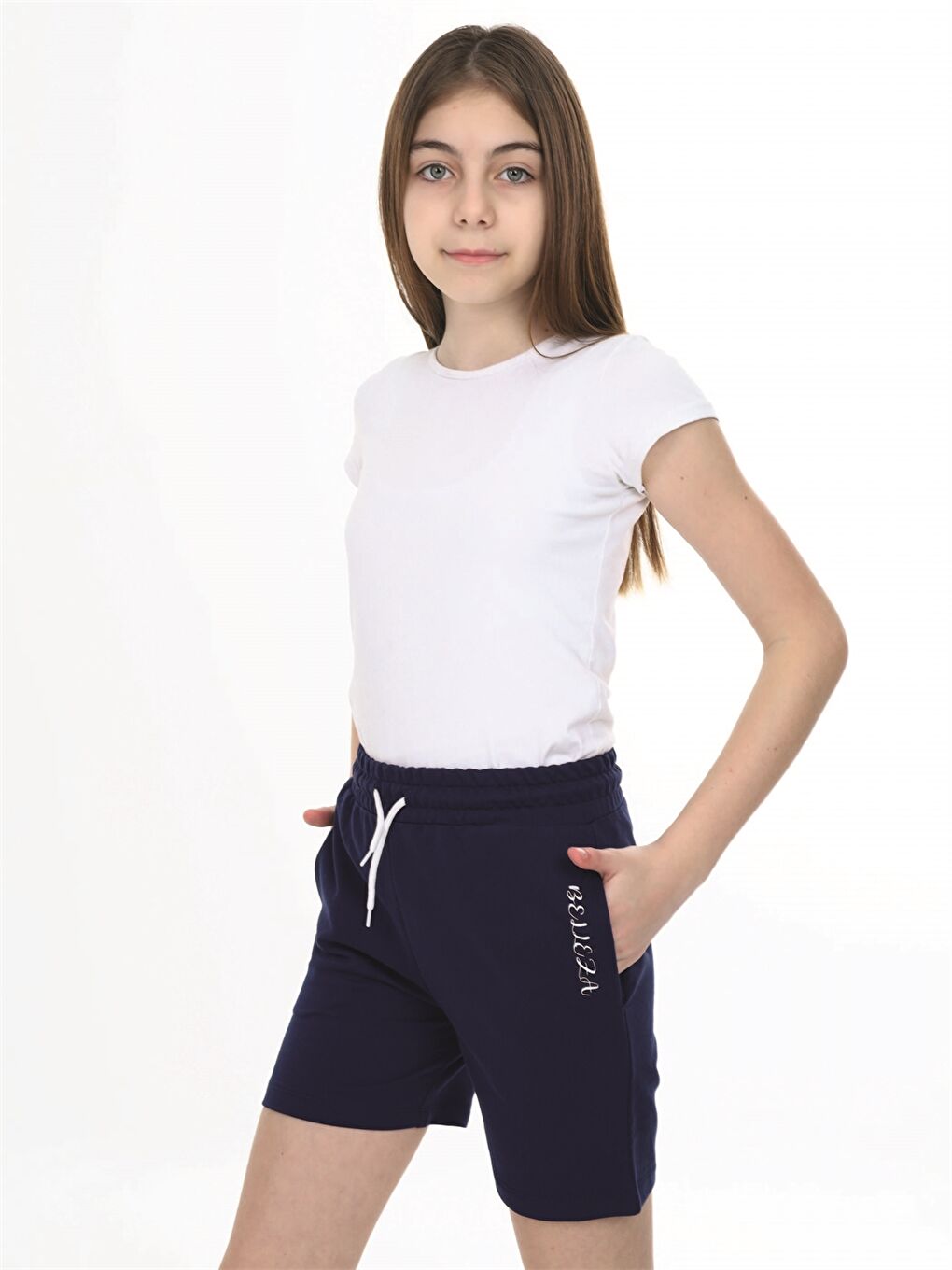 Lacivert Beli Lastikli Baskılı Kız Çocuk Şort