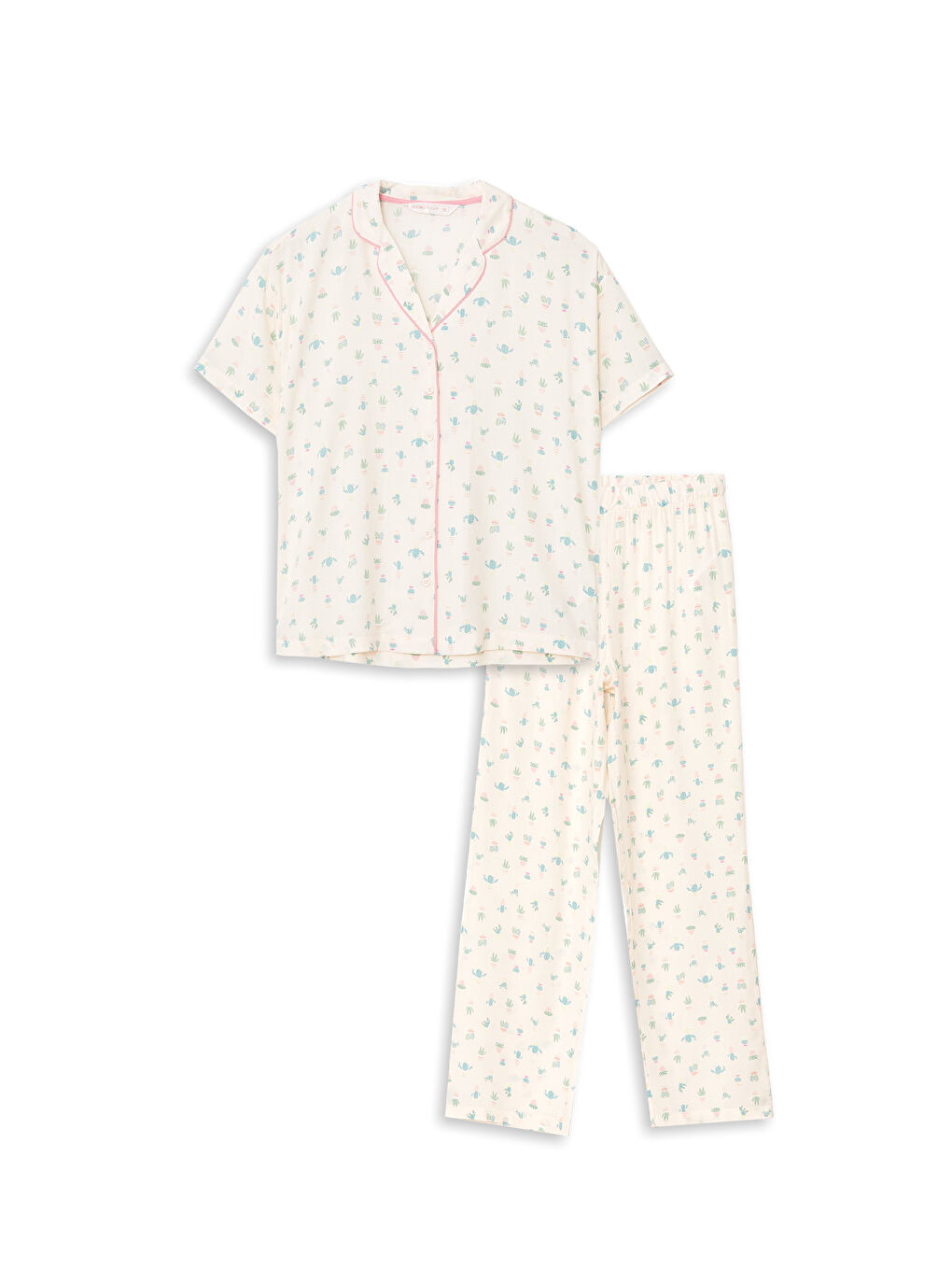 Pembe Gömlek Yaka Baskılı Kısa Kollu Kadın Pijama Takımı-4