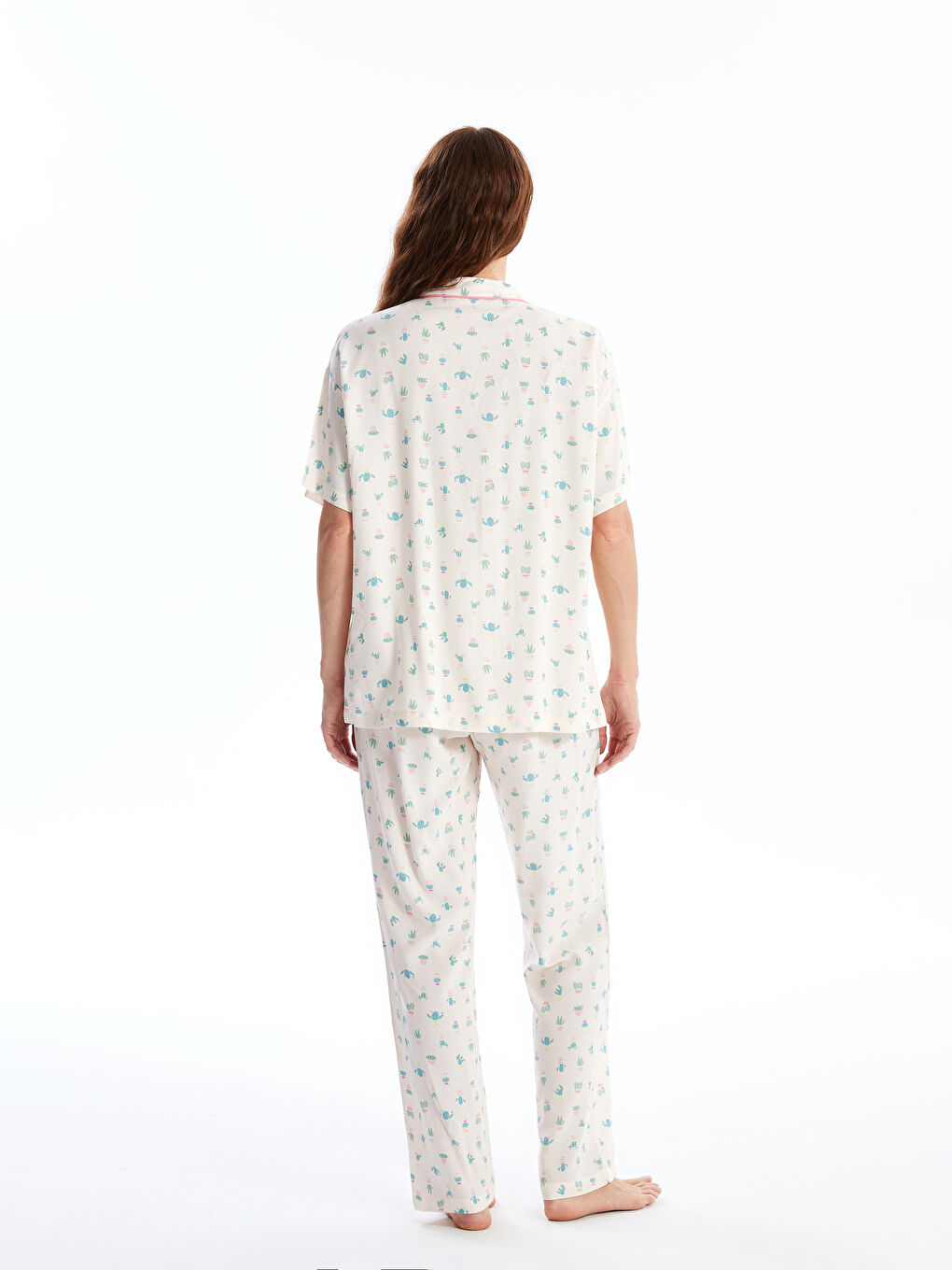 Pembe Gömlek Yaka Baskılı Kısa Kollu Kadın Pijama Takımı-3