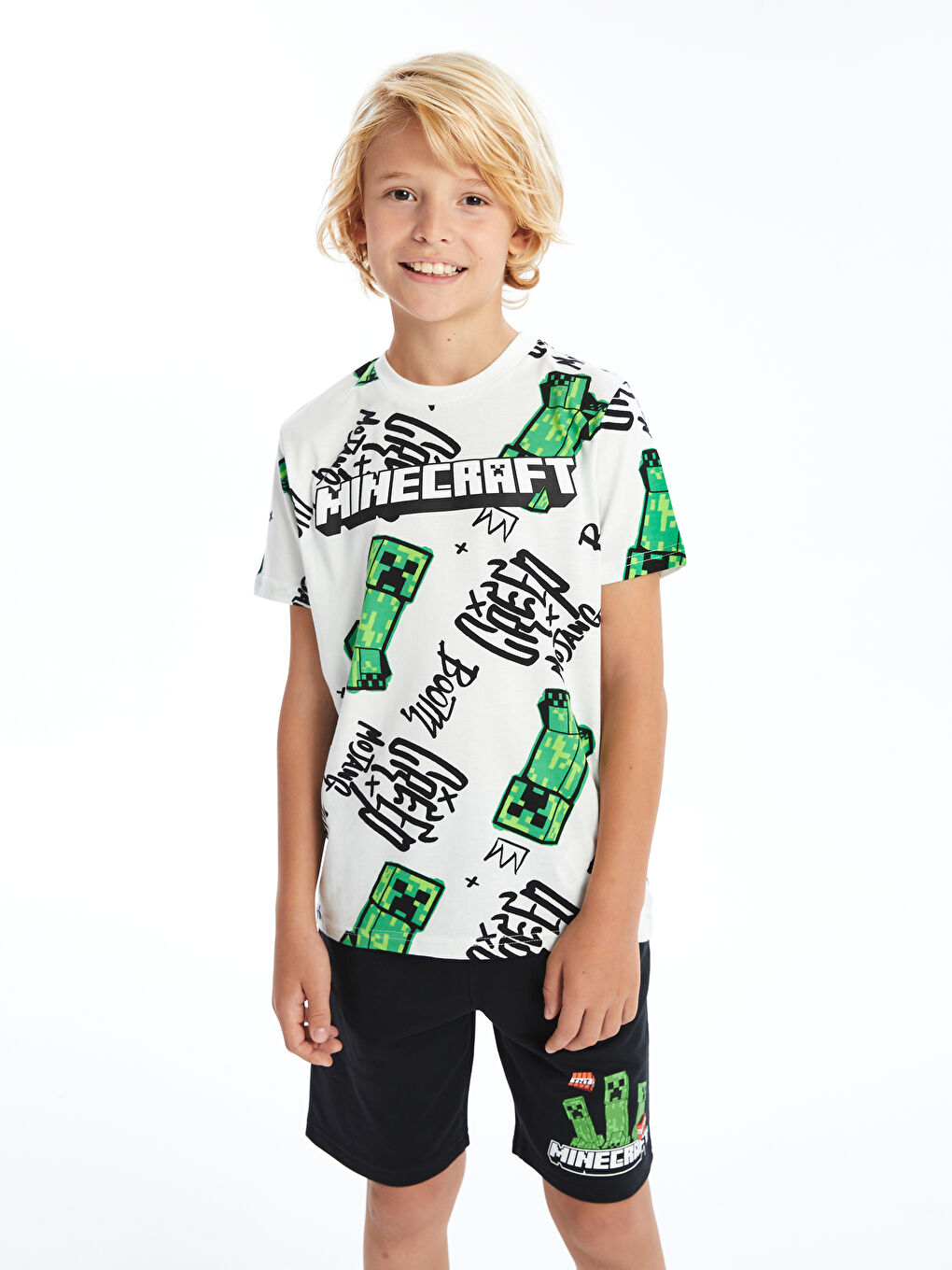 Crew Neck Minecraft Printed Short Sleeve Boys' T-Shirt