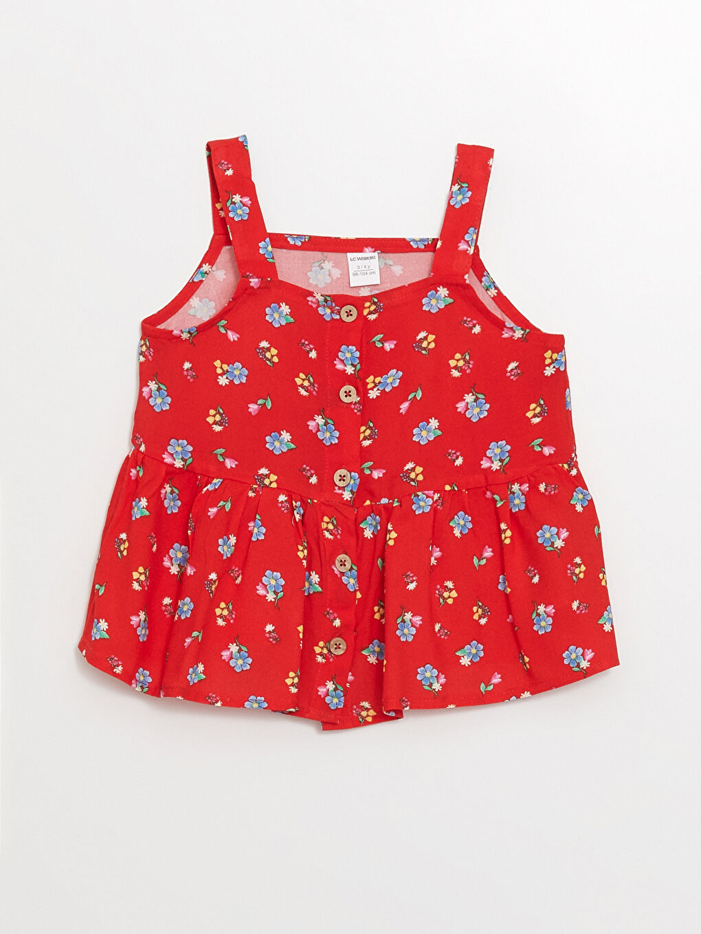 Kırmızı Kare Yaka Çiçekli Kız Çocuk Bluz