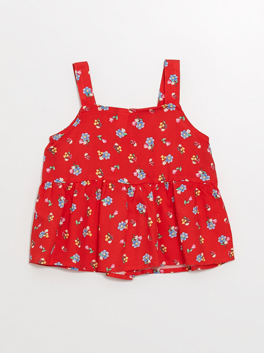 Kırmızı Kare Yaka Çiçekli Kız Çocuk Bluz-2