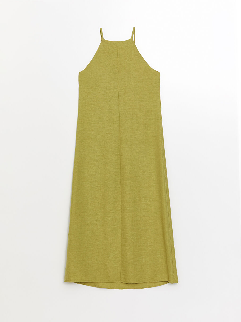 Yeşil Kare Yaka Düz İp Askılı Keten Görünümlü Elbise-6