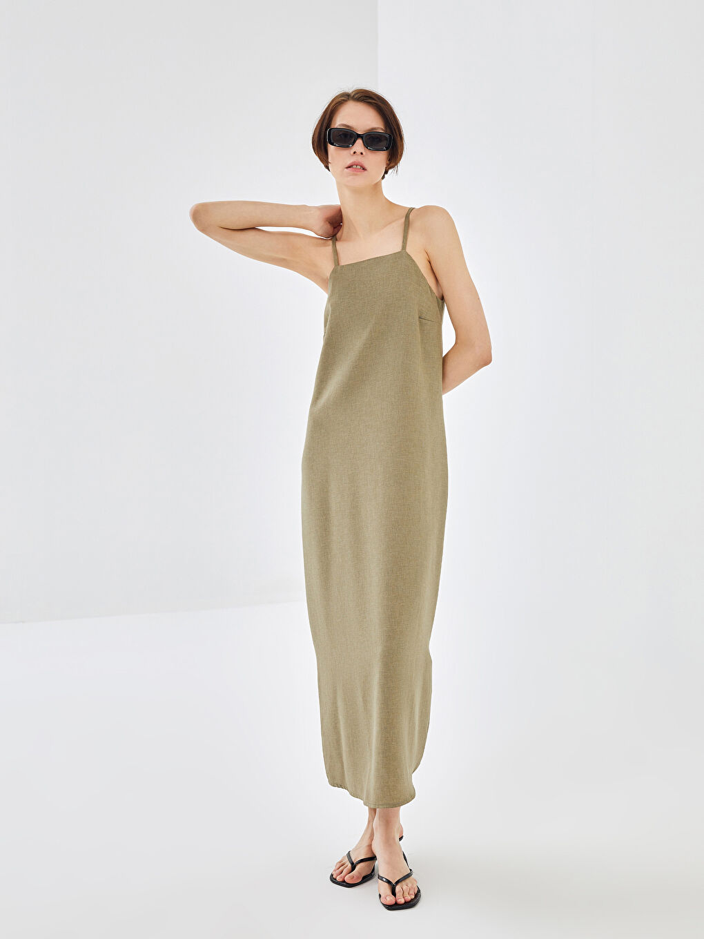 Haki Kare Yaka Düz İp Askılı Keten Görünümlü Elbise-1