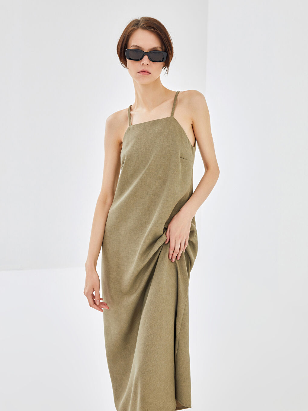 Haki Kare Yaka Düz İp Askılı Keten Görünümlü Elbise-2