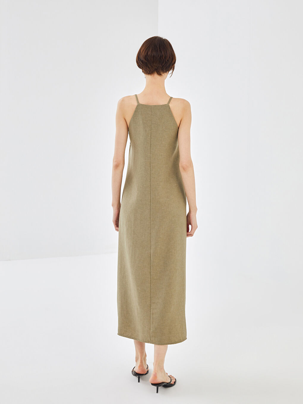 Haki Kare Yaka Düz İp Askılı Keten Görünümlü Elbise-4