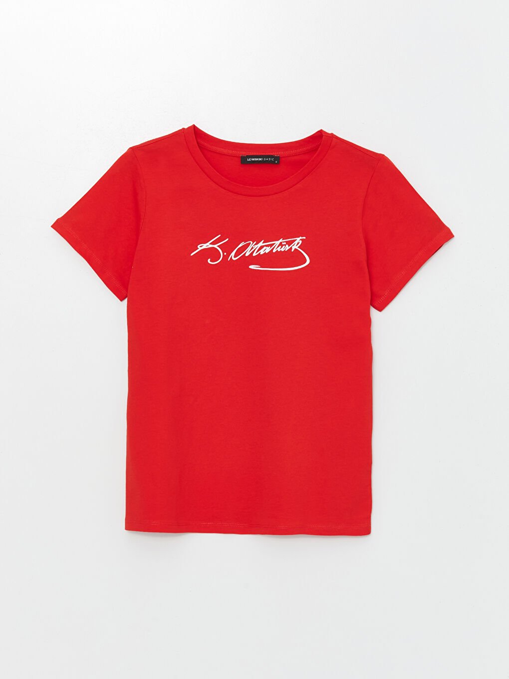 Kırmızı Bisiklet Yaka Atatürk İmza Baskılı Kısa Kollu Kadın Tişört-5