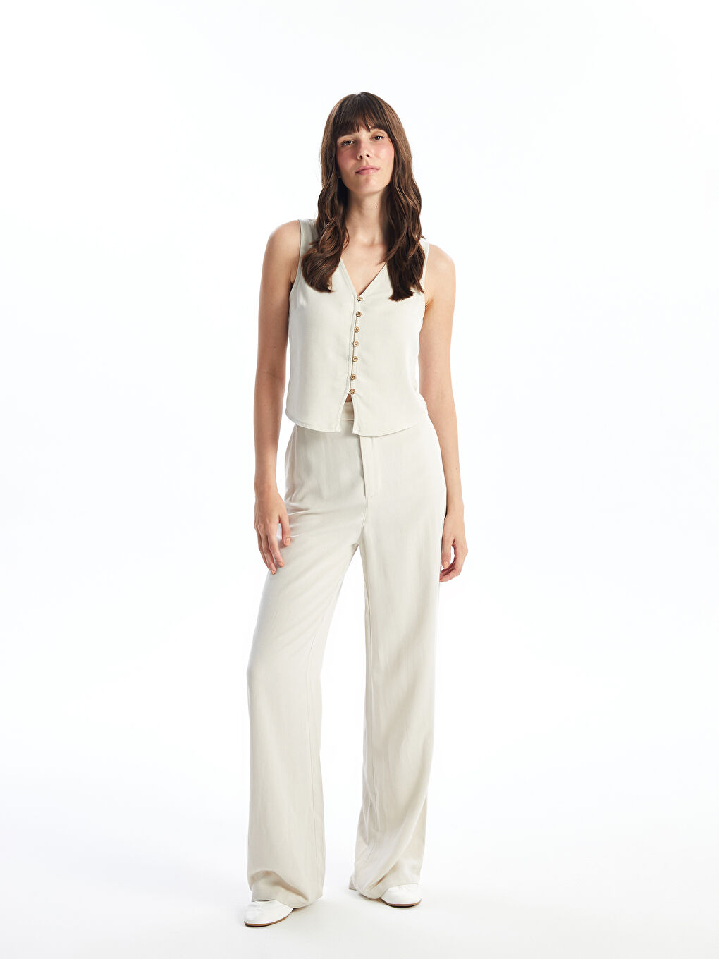 Regular Fit Plain Linen Blend Women's Trousers -S4NS24Z8-VL2