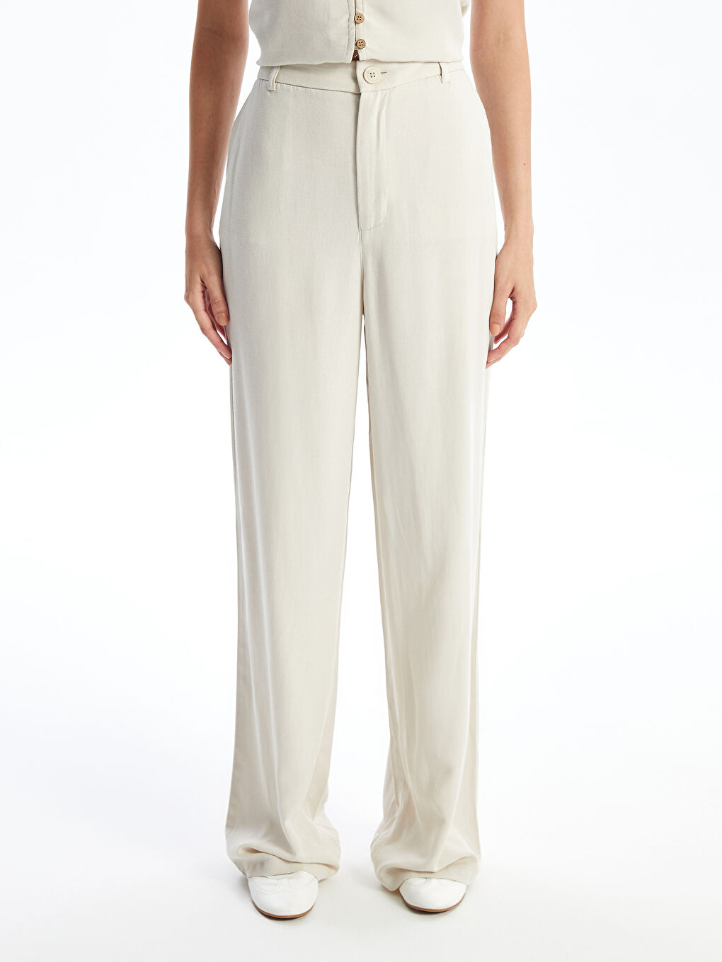 Regular Fit Plain Linen Blend Women's Trousers -S4NS24Z8-VL2