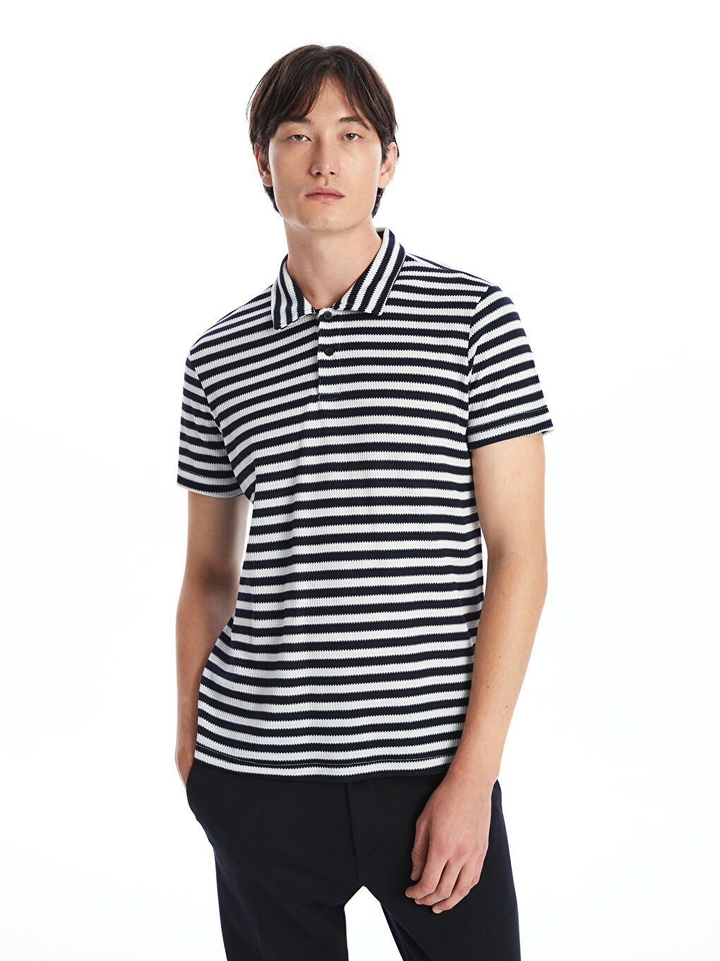 Lacivert Polo Yaka Kısa Kollu Çizgili Erkek Tişört