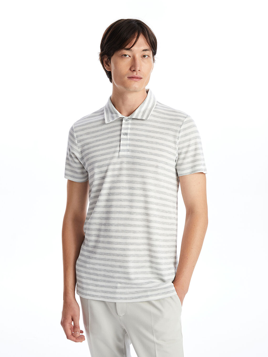 Gri Polo Yaka Kısa Kollu Çizgili Erkek Tişört