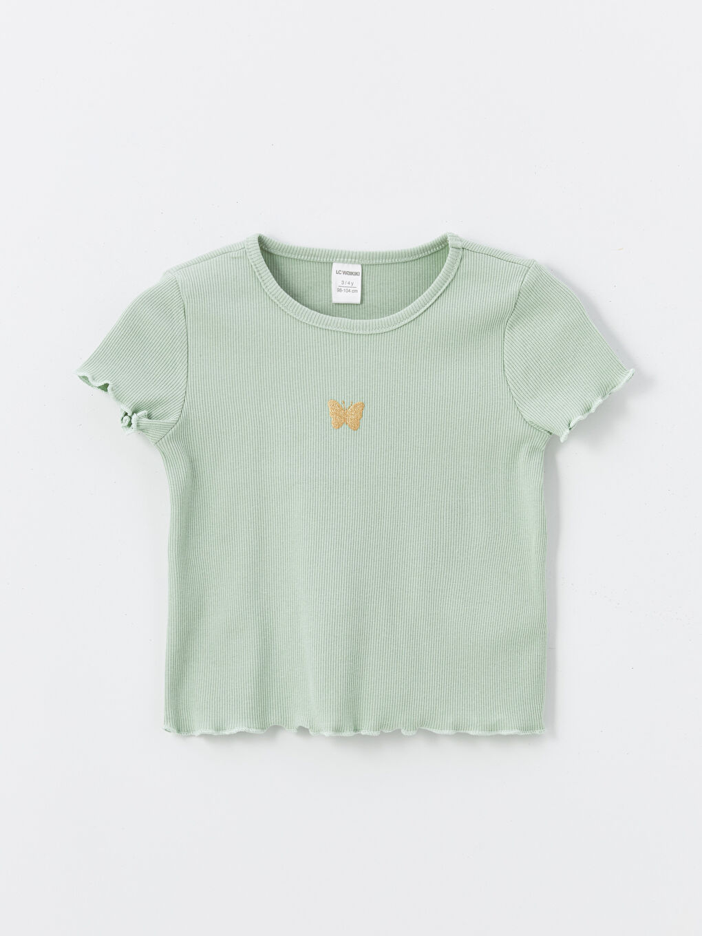 Yeşil Bisiklet Yaka Kısa Kollu Nakışlı Kız Bebek Tişört