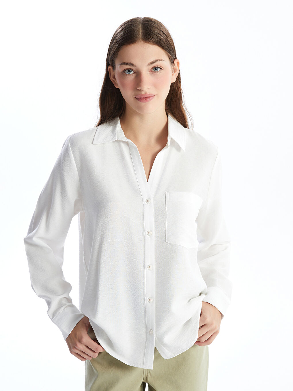 Ekru Düz Uzun Kollu Armürlü Kadın Gömlek-1