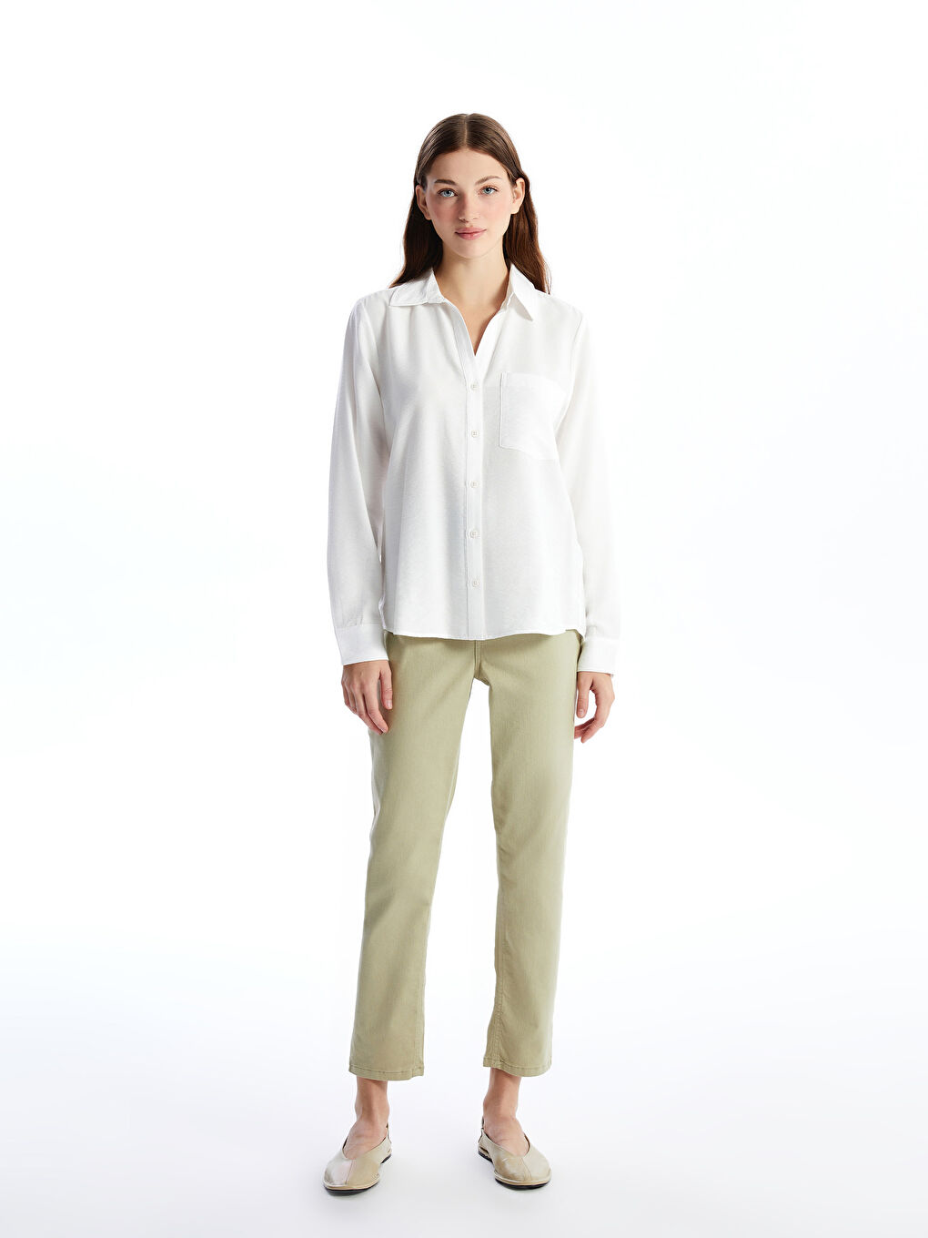 Ekru Düz Uzun Kollu Armürlü Kadın Gömlek-3