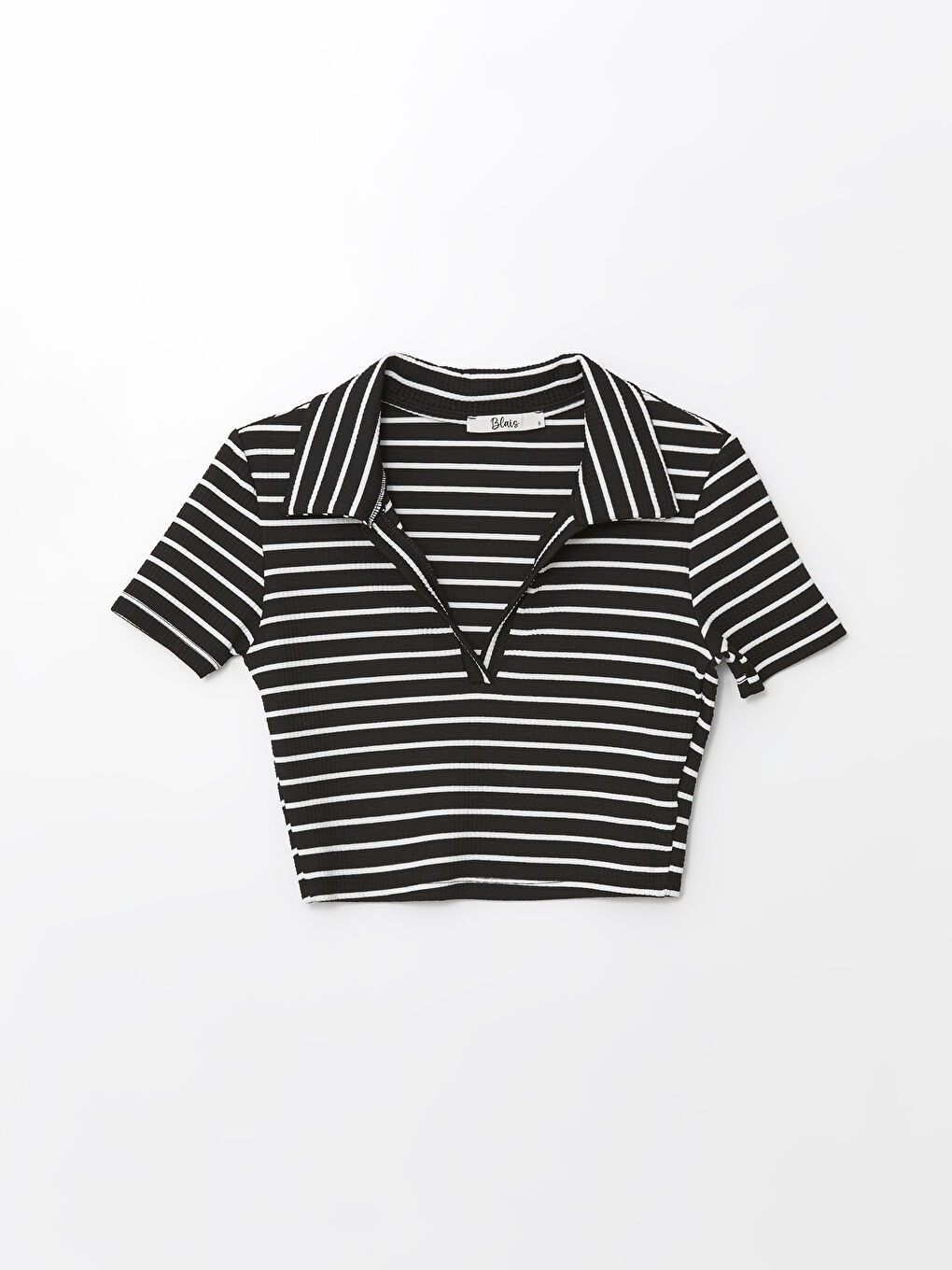 Siyah Polo Yaka Çizgili Kısa Kollu Kadın Crop-4