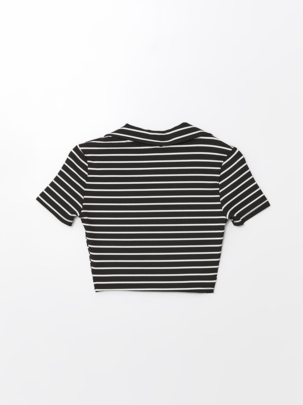 Siyah Polo Yaka Çizgili Kısa Kollu Kadın Crop-5