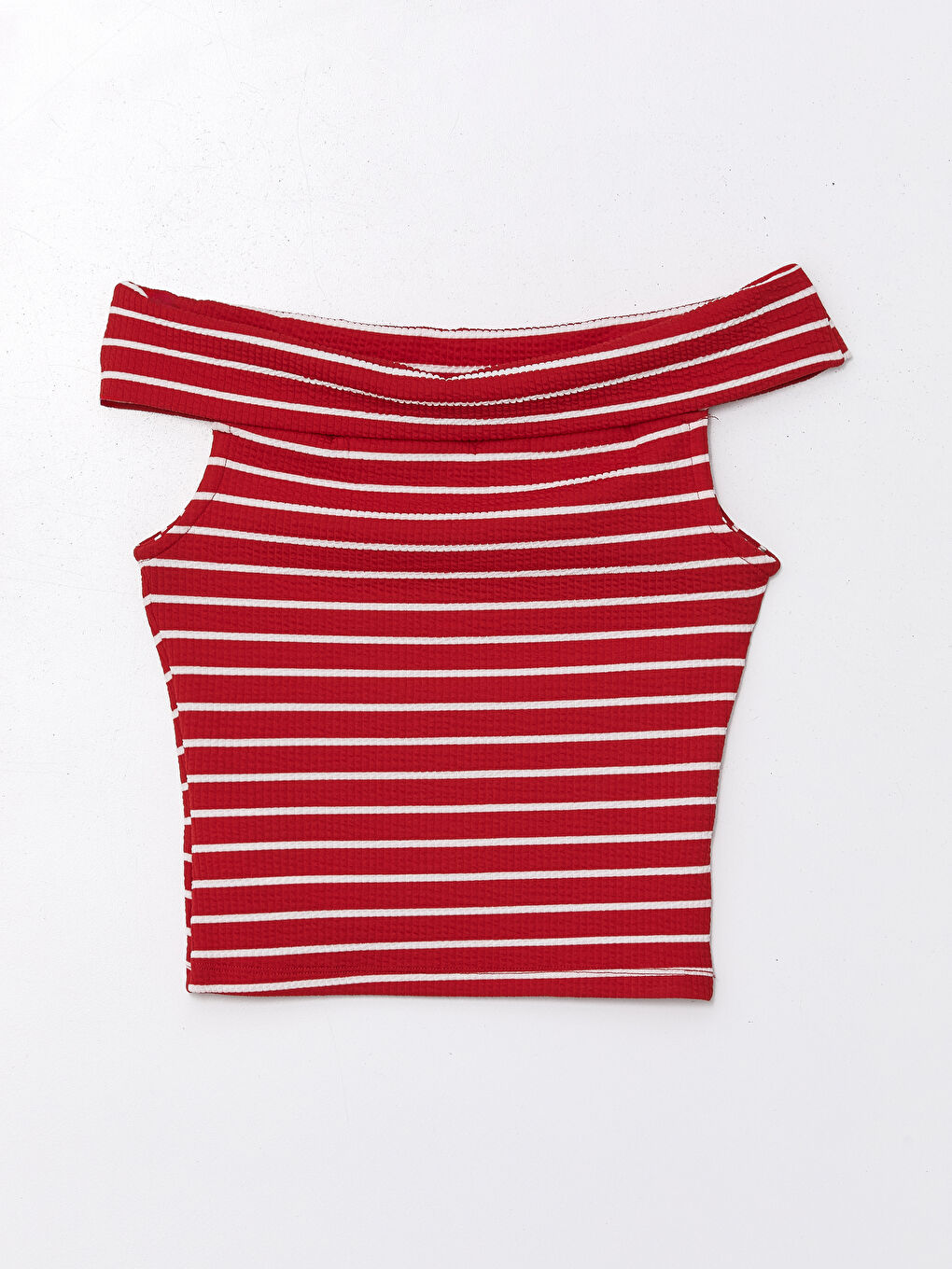 Kırmızı Kayık Yaka Çizgili Kadın Tişört-5
