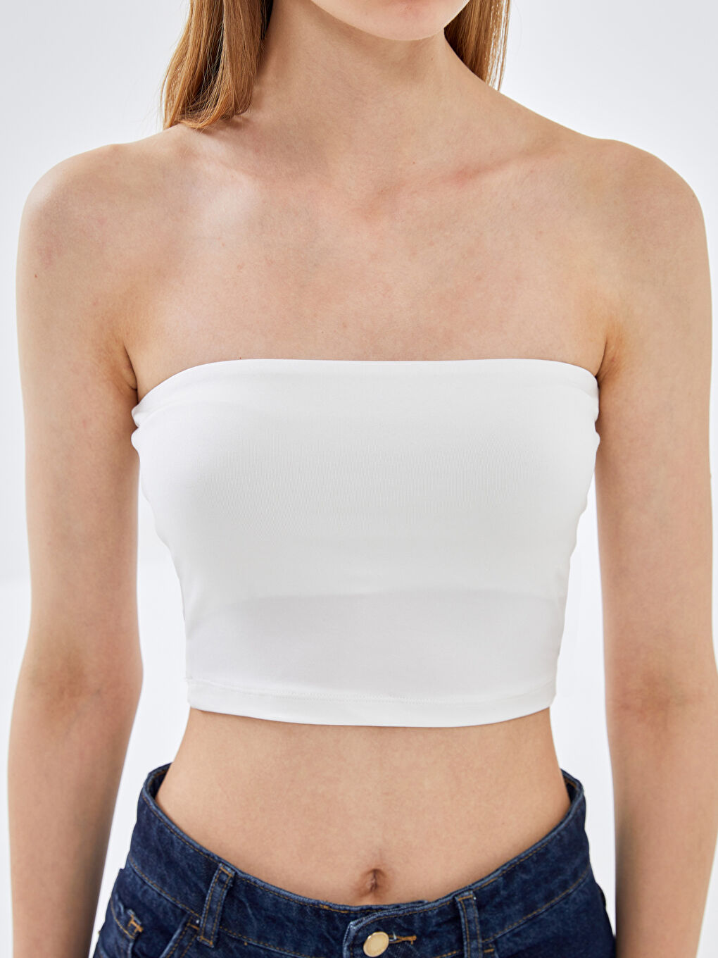 Beyaz Kadın Straplez Yaka Düz Crop-2