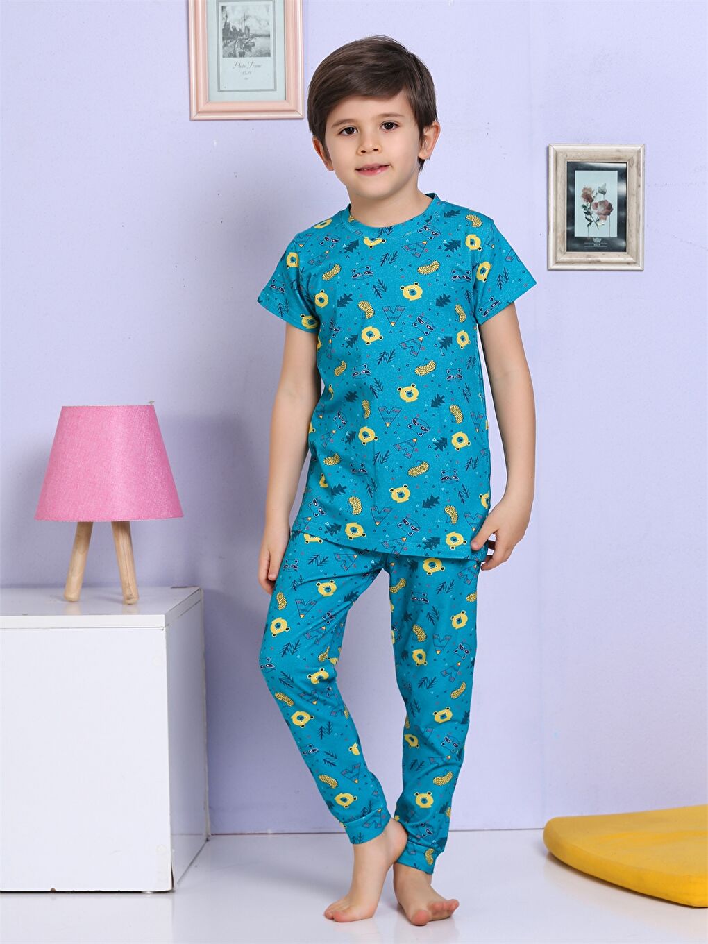 Turkuaz Bisiklet Yaka Baskılı Kısa Kollu Erkek Çocuk Pijama Takımı