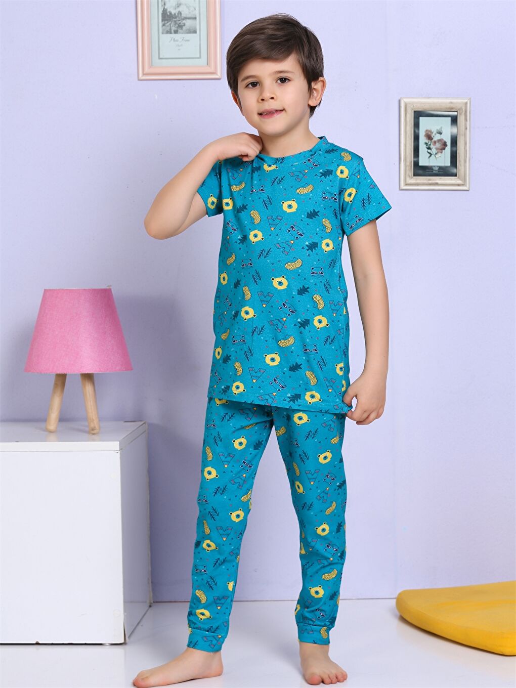 Turkuaz Bisiklet Yaka Baskılı Kısa Kollu Erkek Çocuk Pijama Takımı-1