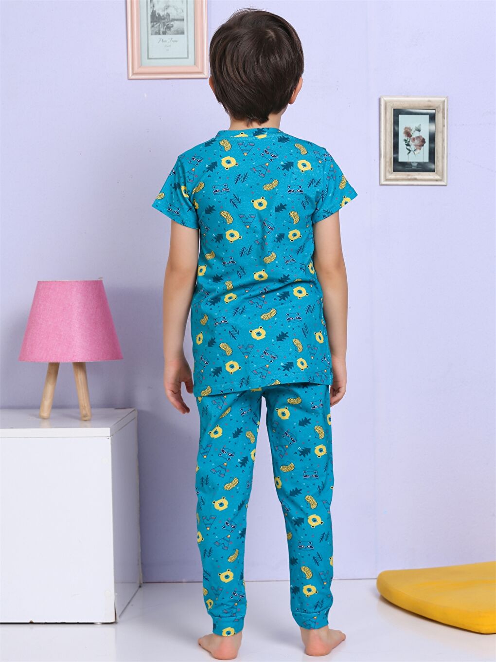 Turkuaz Bisiklet Yaka Baskılı Kısa Kollu Erkek Çocuk Pijama Takımı-2