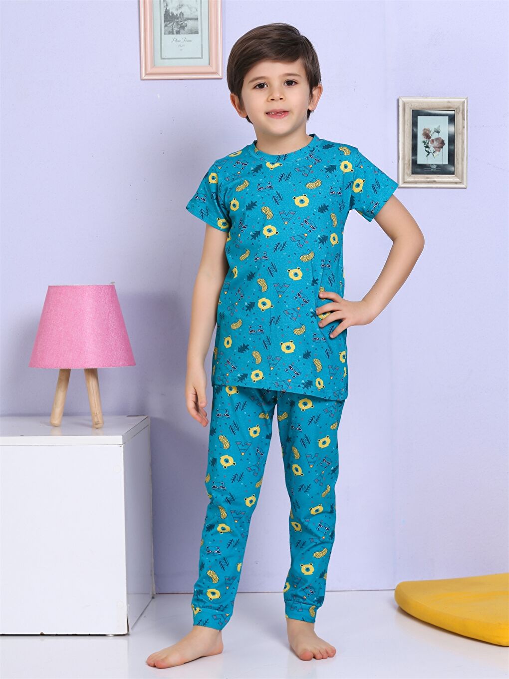 Turkuaz Bisiklet Yaka Baskılı Kısa Kollu Erkek Çocuk Pijama Takımı-4