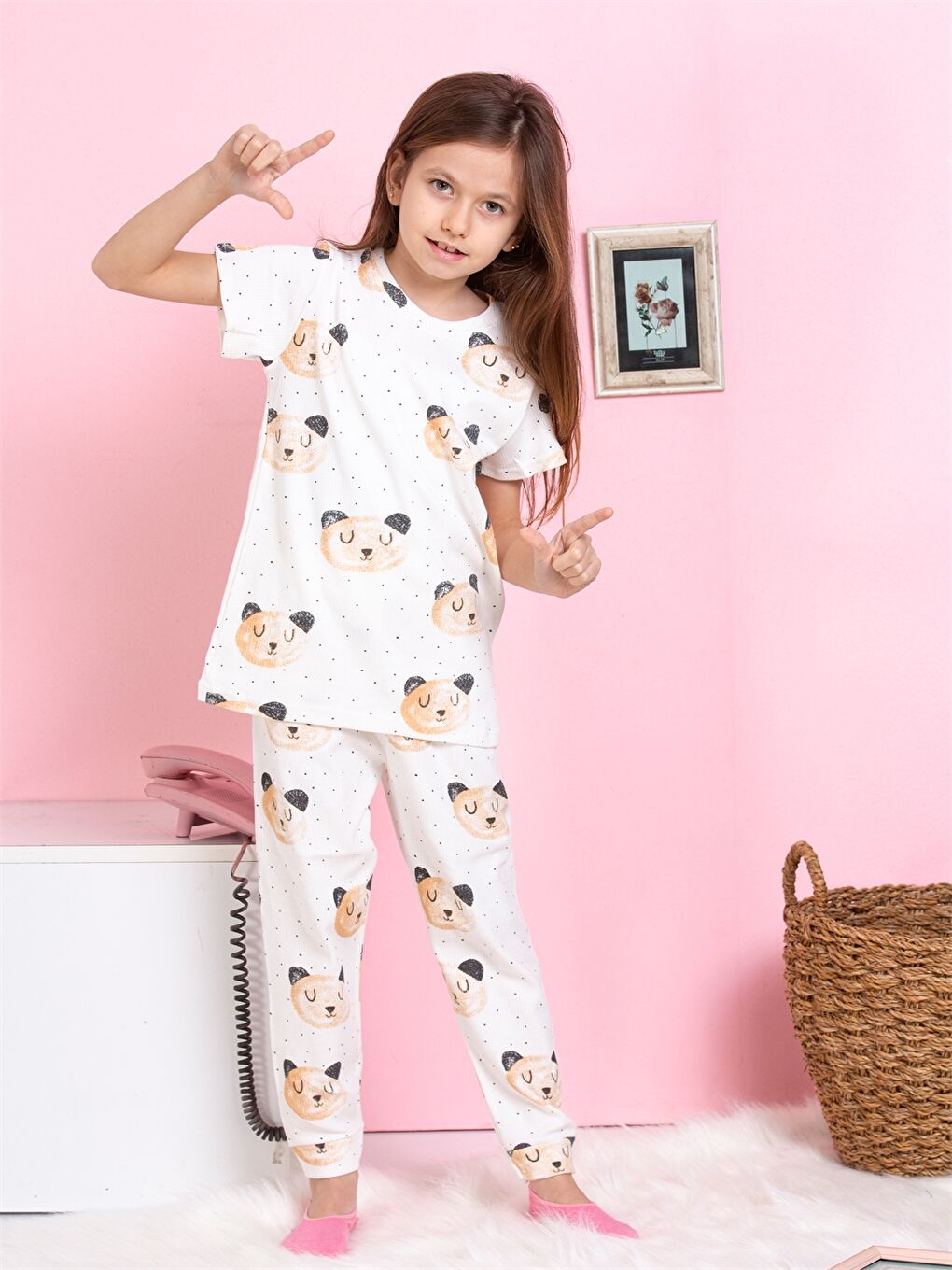 Ekru Bisiklet Yaka Baskılı Kısa Kollu Kız Çocuk Pijama Takımı