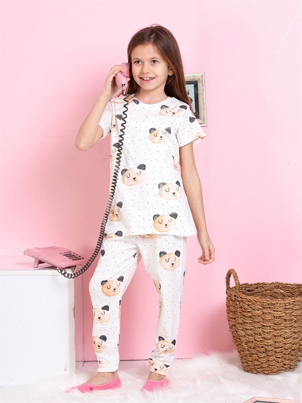 Ekru Bisiklet Yaka Baskılı Kısa Kollu Kız Çocuk Pijama Takımı-3